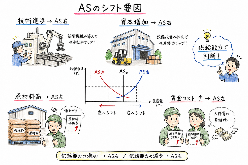 技術進歩や原材料価格上昇がASを動かす方向を示す図解