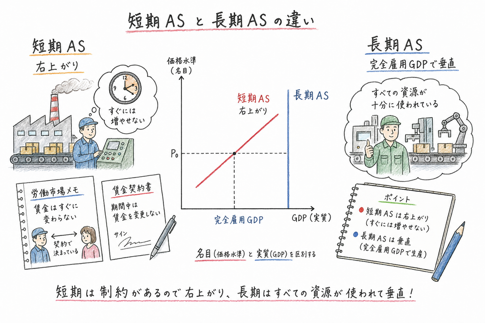 短期ASは右上がり、長期ASは完全雇用GDPで垂直になる図解