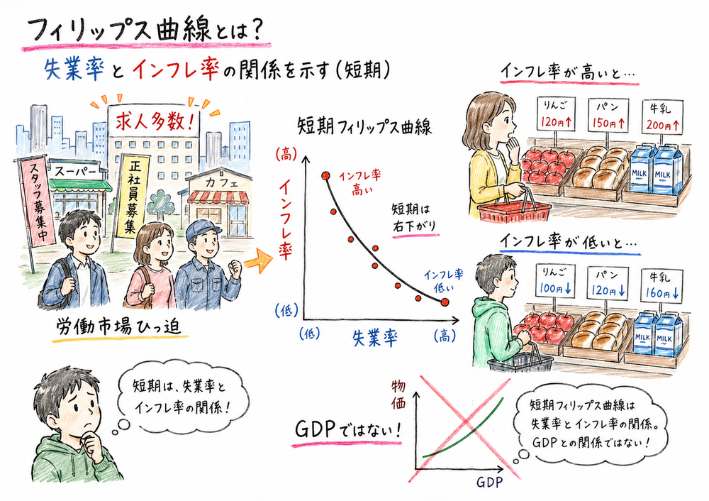 失業率とインフレ率の短期的なトレードオフを示す図解