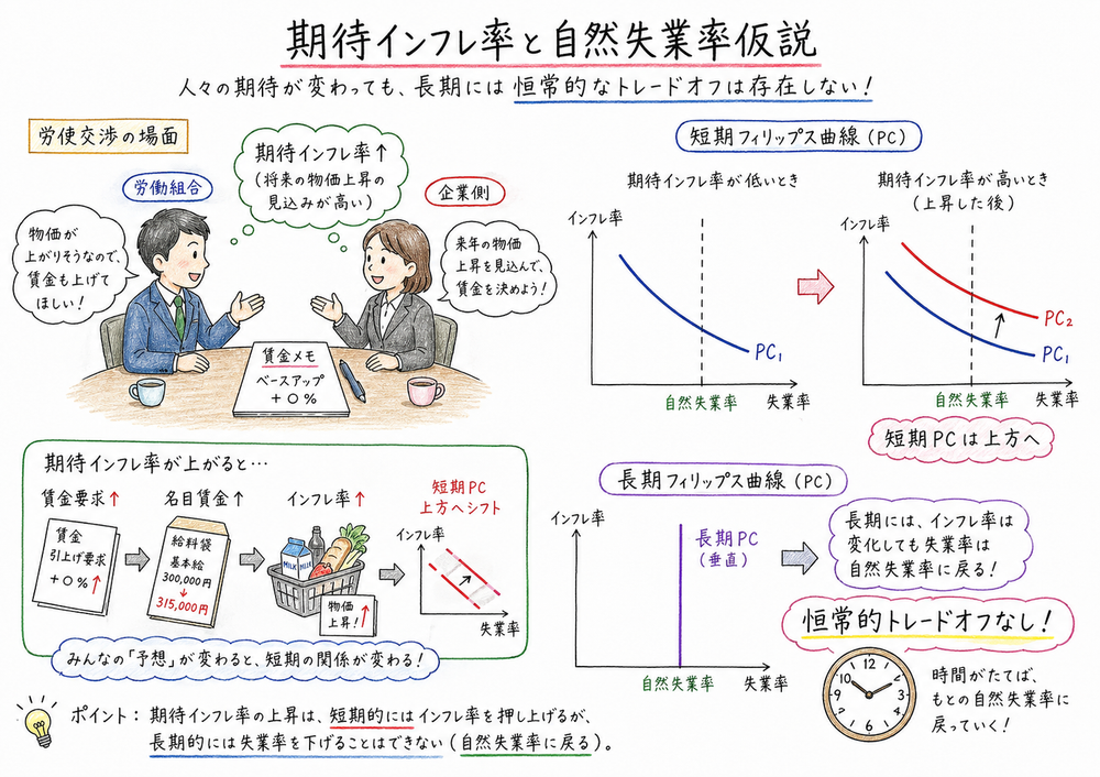 期待インフレ率の上昇で短期フィリップス曲線が上方へ移動する図解