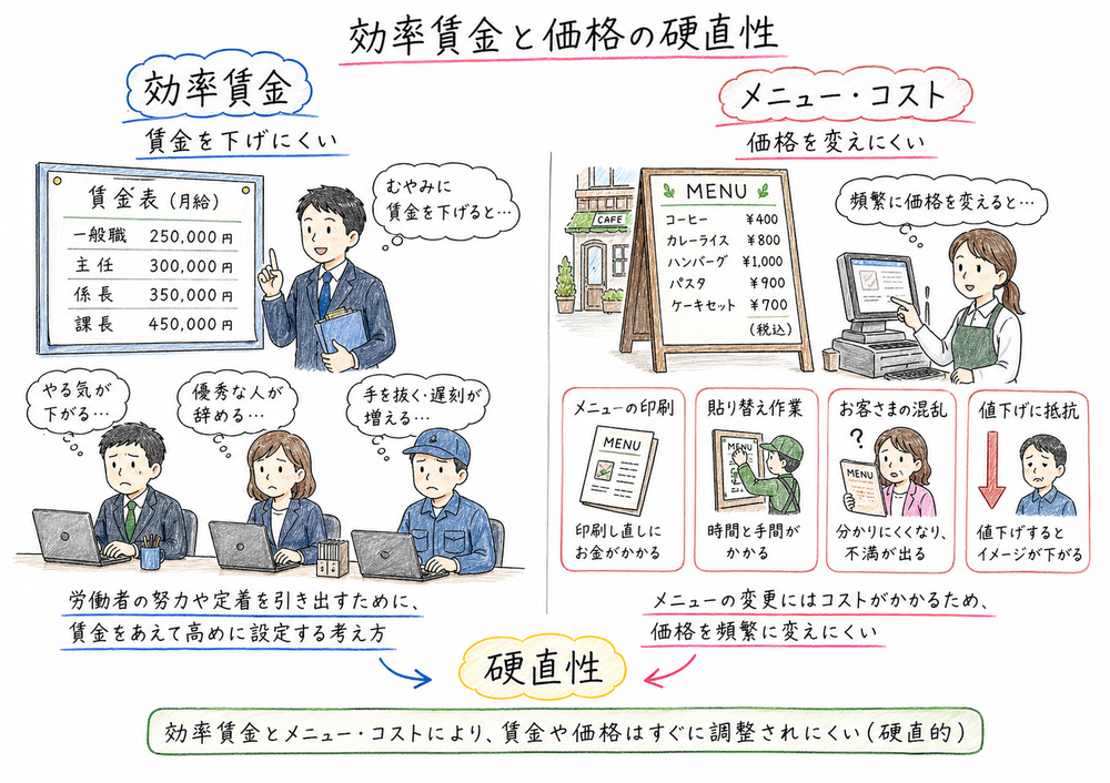 効率賃金とメニュー・コストが賃金・価格の硬直性を生む図解