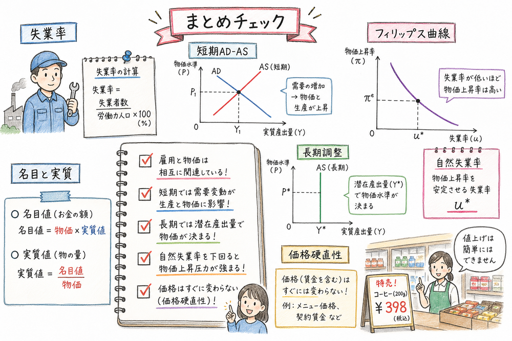 短期AD-AS、長期調整、フィリップス曲線、自然失業率、価格硬直性を確認する手書き風図解