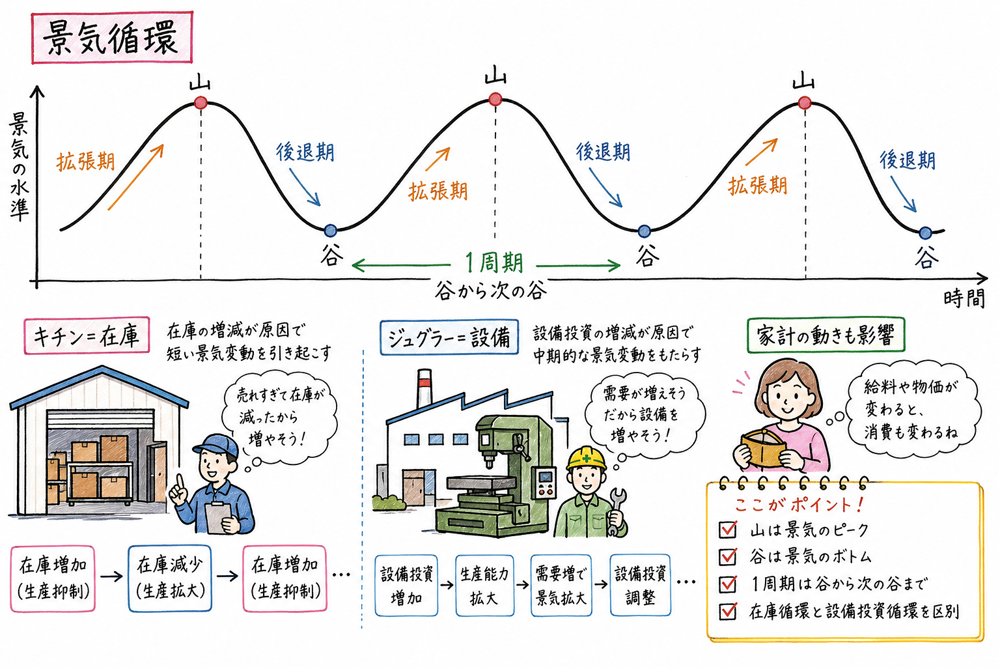 景気循環の山、谷、拡張、後退、在庫循環、設備投資循環をまとめる手書き風図解