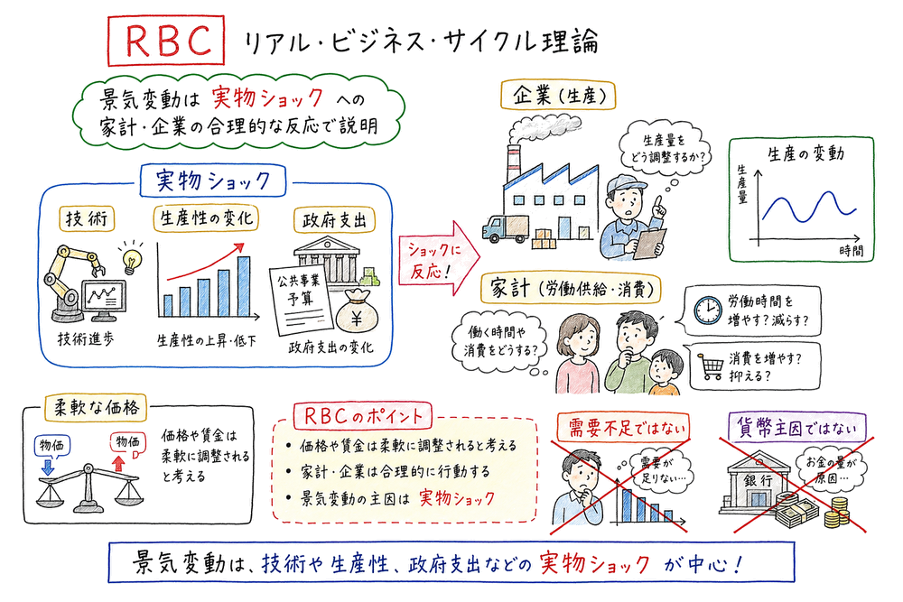 RBC理論が技術や政府支出などの実物ショックを景気変動の要因として重視することを示す手書き風図解