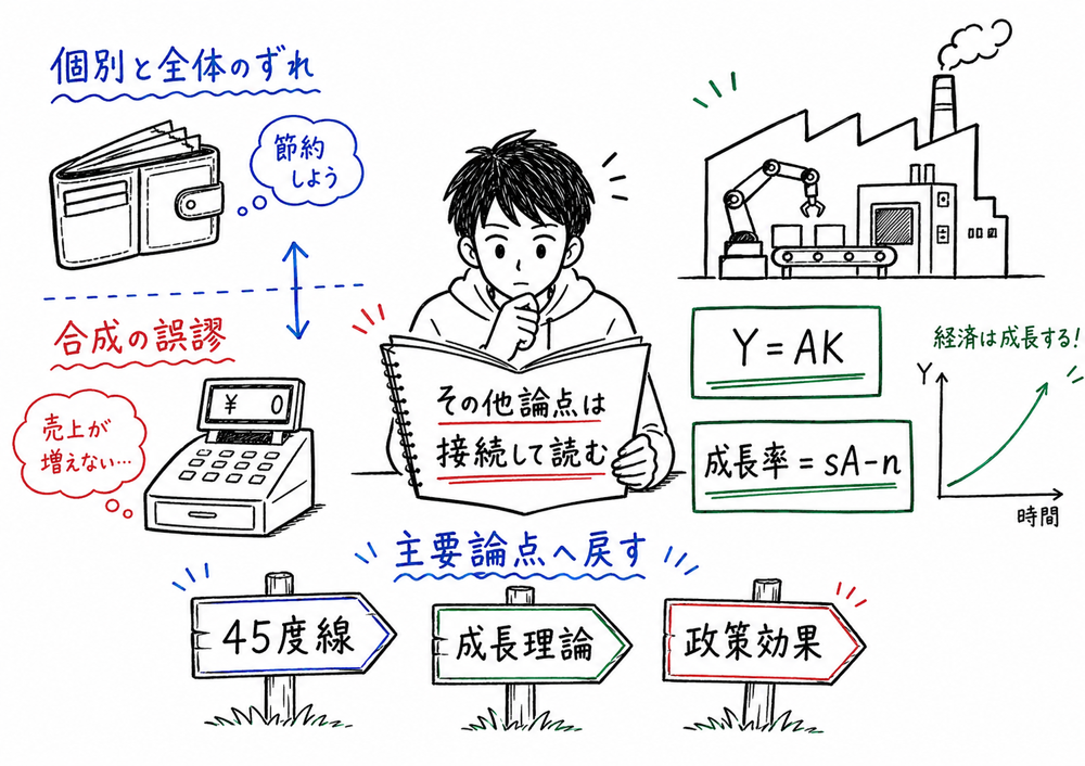 合成の誤謬、AKモデル、成長率、主要論点との接続をまとめる手書き風図解