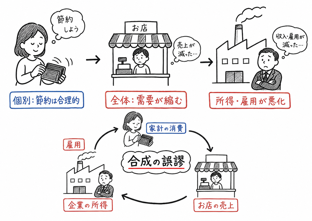 合成の誤謬で個別合理性と全体結果がずれる構図