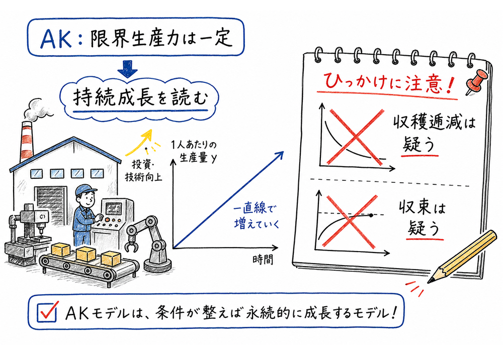AKモデルで収穫逓減や収束の選択肢を疑うポイント