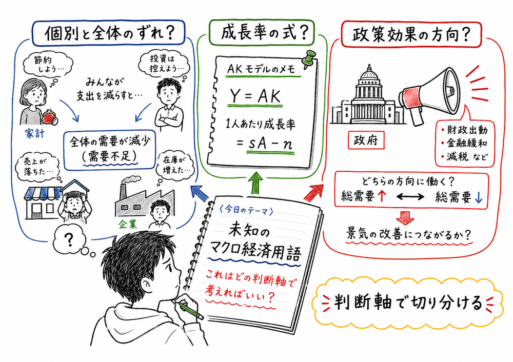 周辺論点を個別と全体、成長率の式、政策効果の方向で切り分ける図解