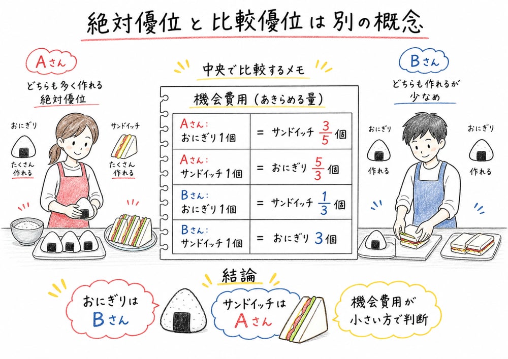 絶対優位は生産性、比較優位は機会費用で判断することを示す図解