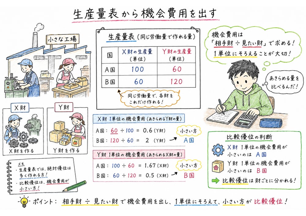 生産量表では相手財の生産量を見たい財の生産量で割ることを示す図解