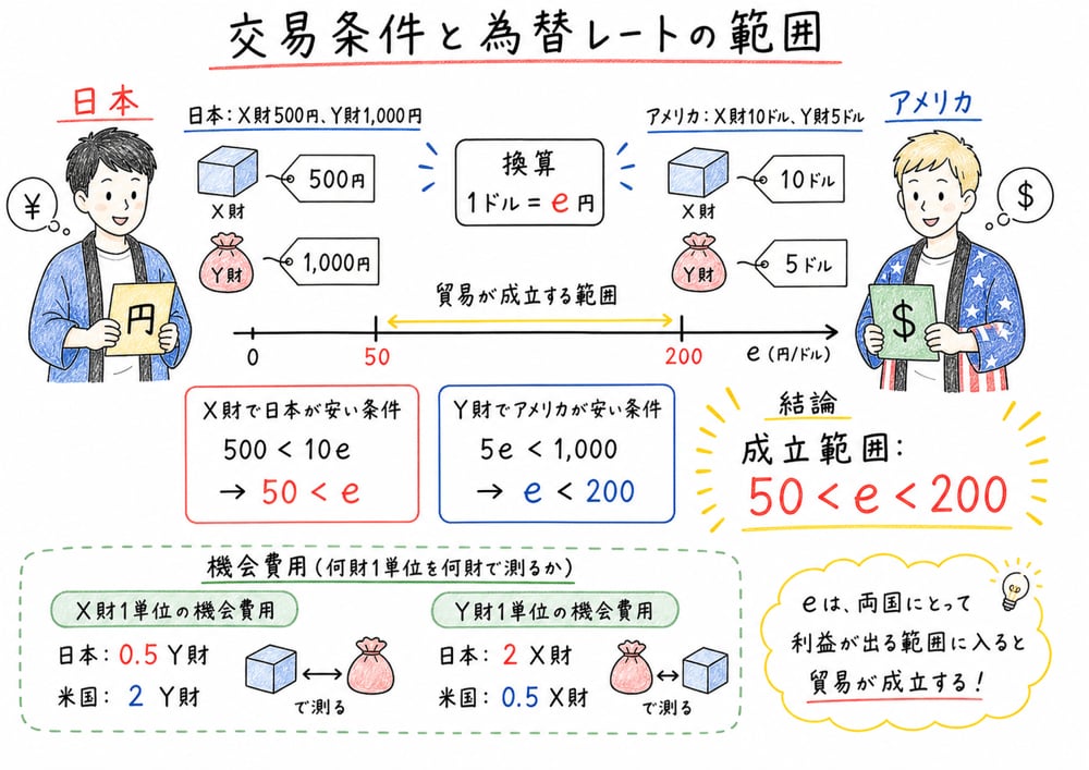 国内機会費用の間に交換比率や為替レートが入ることを示す図解