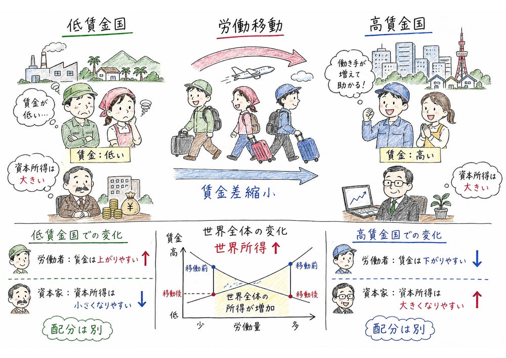 低賃金国から高賃金国への労働移動で所得配分が変わる図解