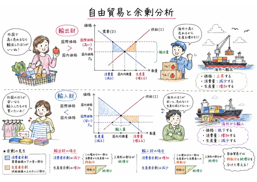 輸出財と輸入財で価格、消費量、生産量、余剰が変わることを示す図解