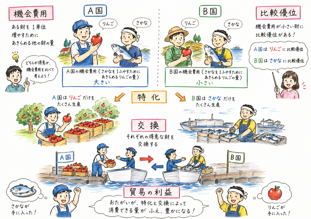 比較優位と特化、交換による貿易利益をまとめた図解