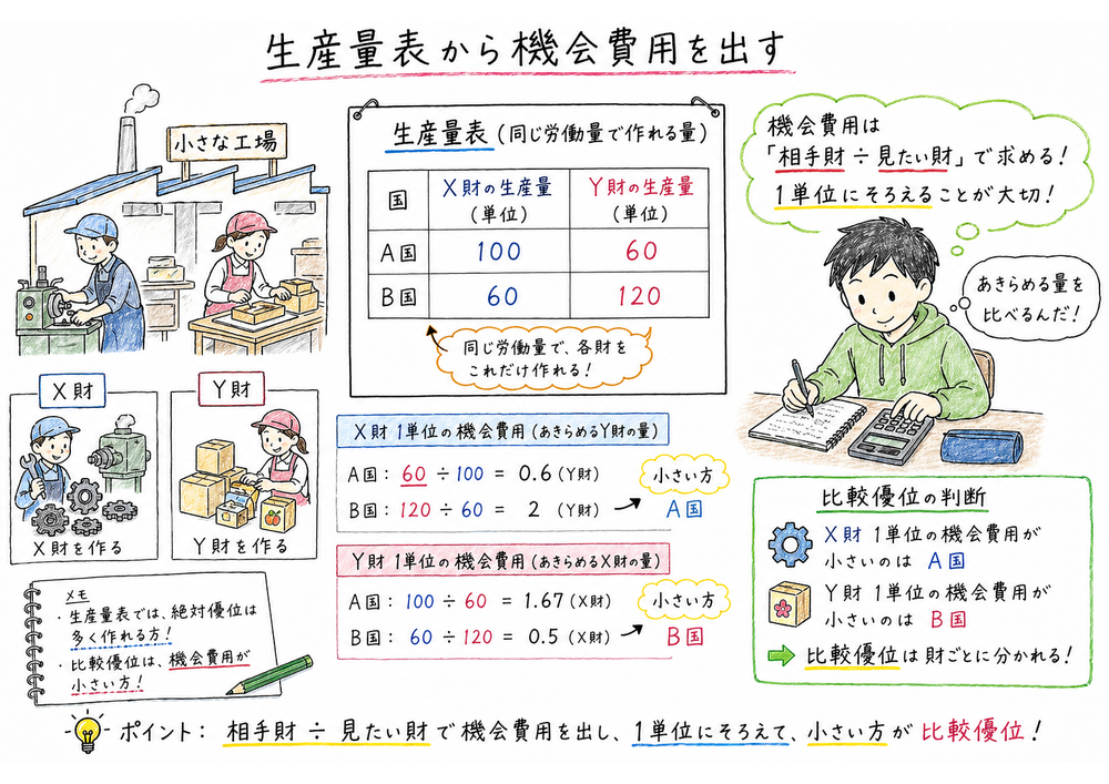 生産量表では相手財の生産量を見たい財の生産量で割ることを示す図解