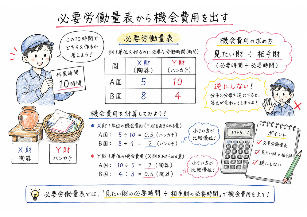 必要労働量表では見たい財の労働量を相手財の労働量で割ることを示す図解
