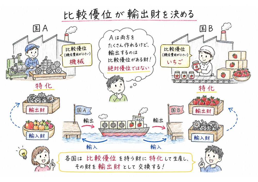 比較優位を持つ財に特化して輸出する流れを示す図解