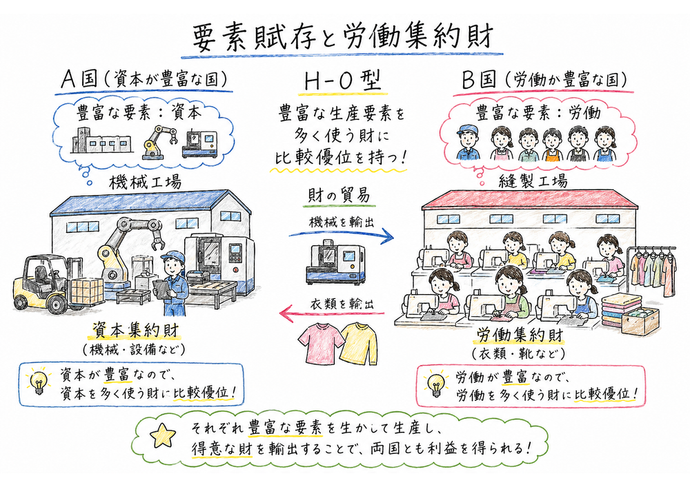 豊富な生産要素を多く使う財に比較優位を持つ考え方を示す図解