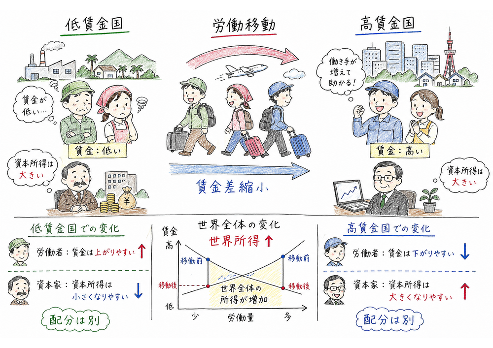 低賃金国から高賃金国への労働移動で所得配分が変わる図解