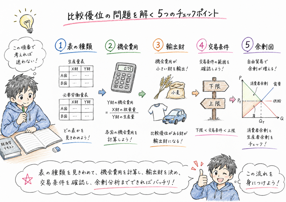 表の種類、機会費用、輸出財、交易条件、余剰図を確認する図解