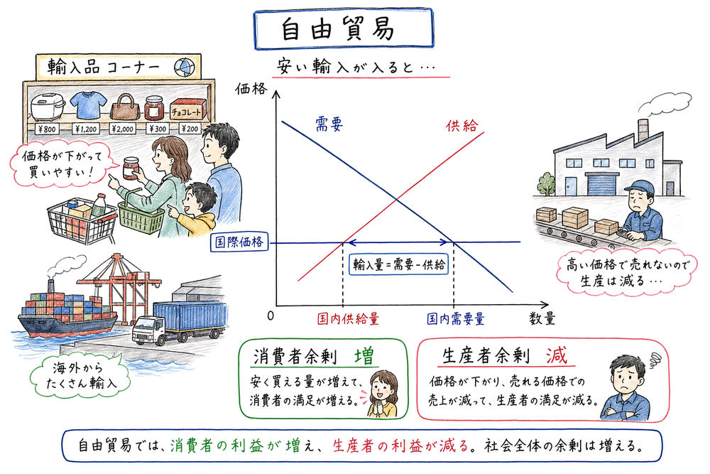 輸入財の自由貿易で価格、需要量、供給量、輸入量、余剰の変化を読む手書き風図解