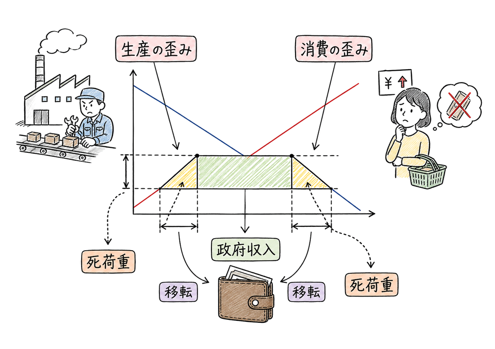 関税の死荷重を生産の歪みと消費の歪みに分ける手書き風図解