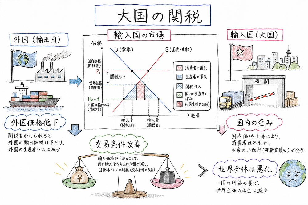 大国関税で交易条件改善と国内の歪みを分ける図解