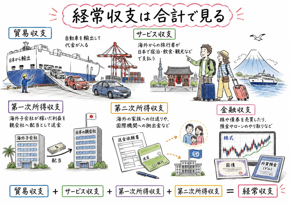 国際収支の内訳を貿易収支、サービス収支、第一次所得収支、第二次所得収支、金融収支に分けて示す手書き風図解