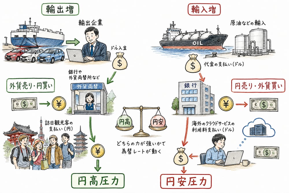 輸出増は円高圧力、輸入増は円安圧力になりやすいことを具体例で示す手書き風図解
