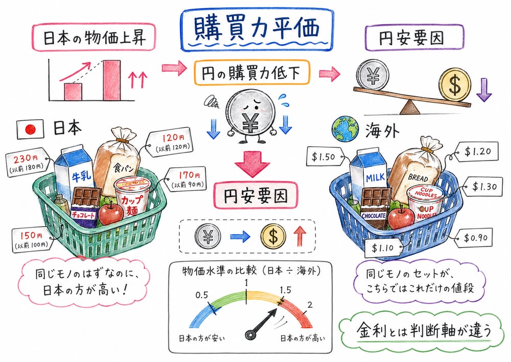 購買力平価説で物価上昇と通貨の購買力低下を示す手書き風図解