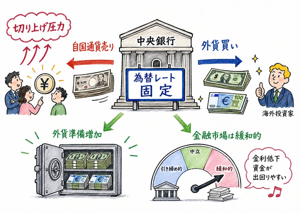固定レート維持のための自国通貨売りと外貨買いを示す手書き風図解