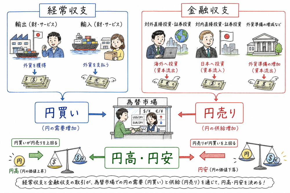 経常収支、金融収支、円買い、円売り、円高円安を結びつける図解