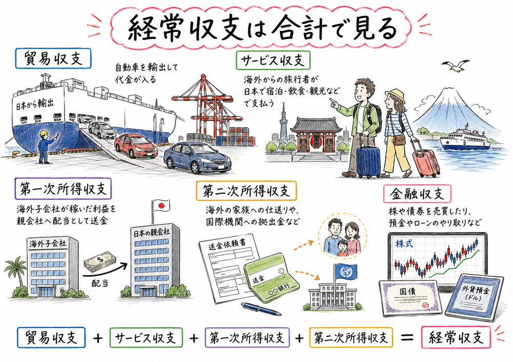 国際収支の内訳を貿易収支、サービス収支、第一次所得収支、第二次所得収支、金融収支に分けて示す手書き風図解