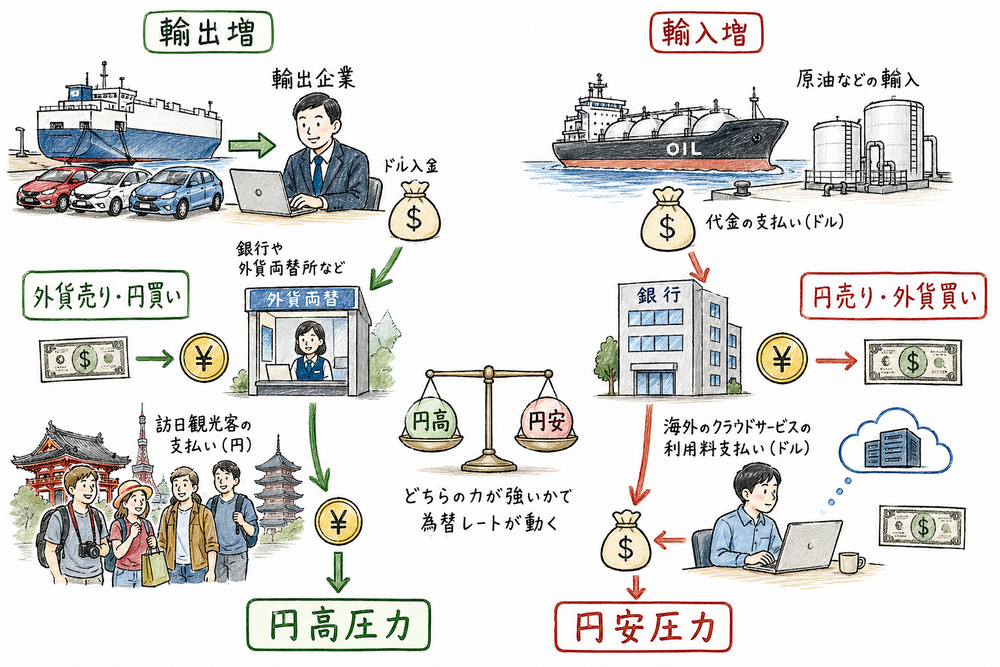 輸出増は円高圧力、輸入増は円安圧力になりやすいことを具体例で示す手書き風図解