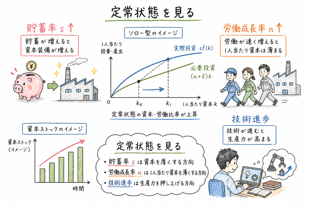 金利平価説で金利差と将来予想が現在の為替へ与える影響を示す手書き風図解