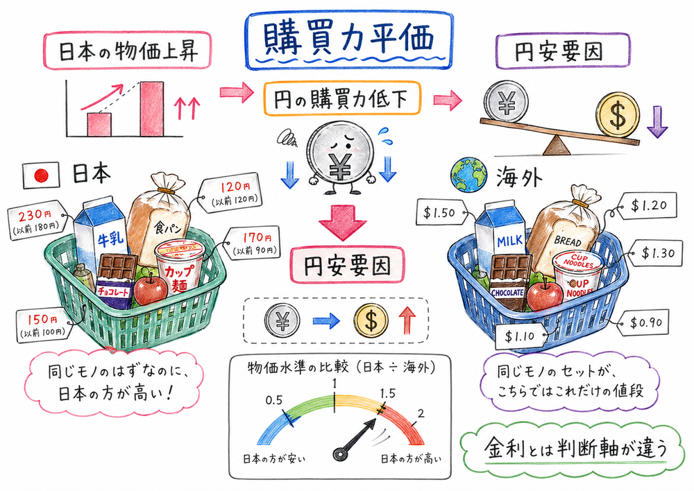 購買力平価説で物価上昇と通貨の購買力低下を示す手書き風図解