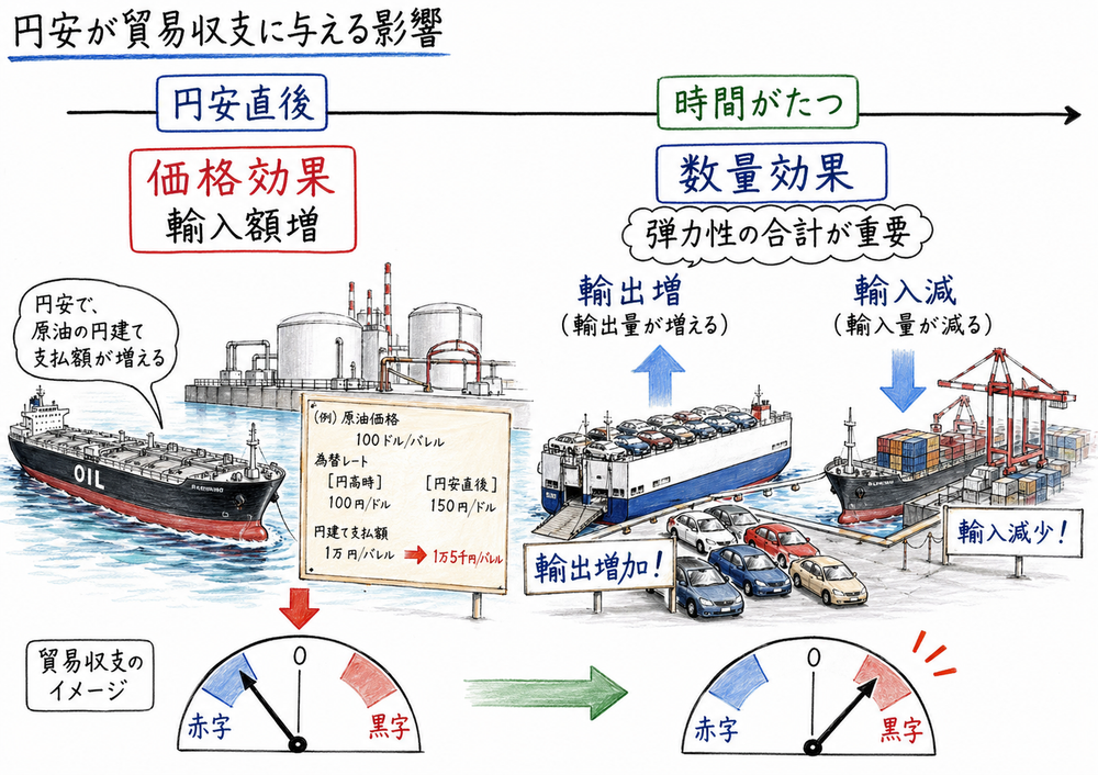 円安直後の価格効果と時間経過後の数量効果を示す手書き風図解