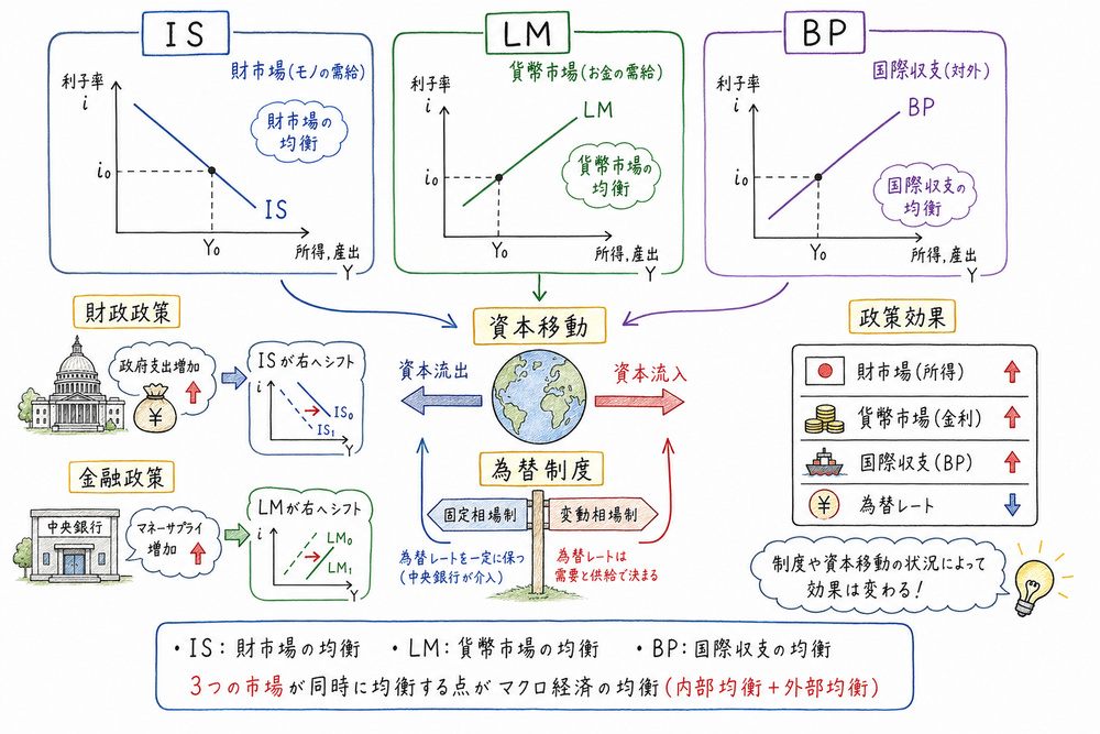 IS、LM、BP、資本移動、為替制度、政策効果をつなげる図解