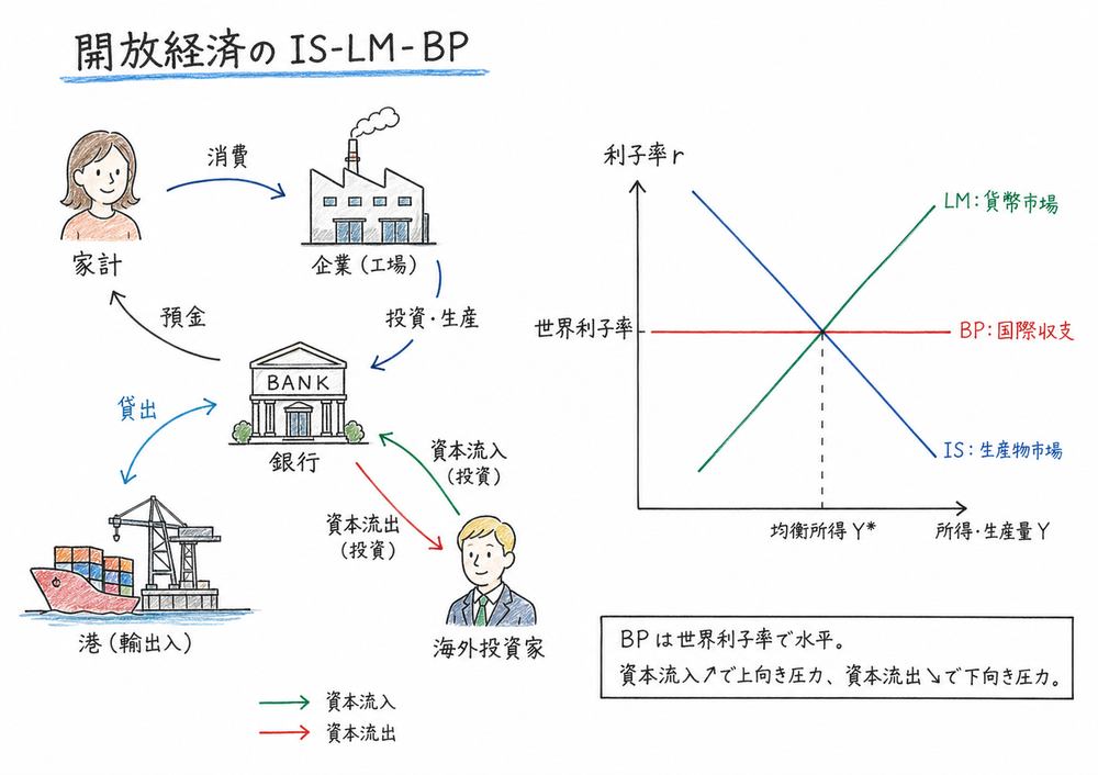 IS、LM、BPを家計、企業、海外資本の動きと結びつけた図解