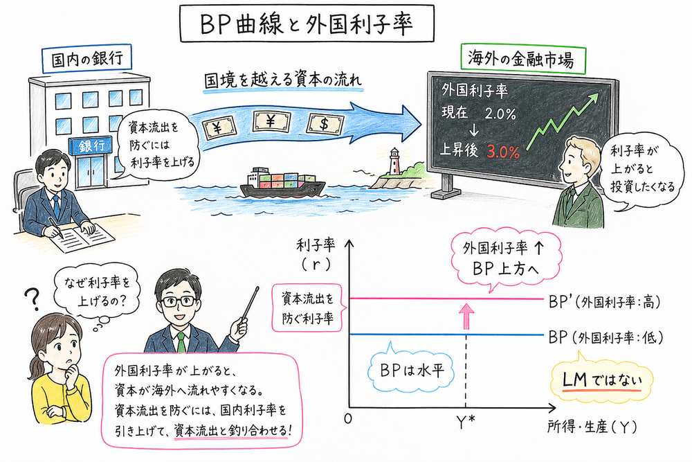 外国利子率の上下で水平なBP曲線が動くことを示す図解