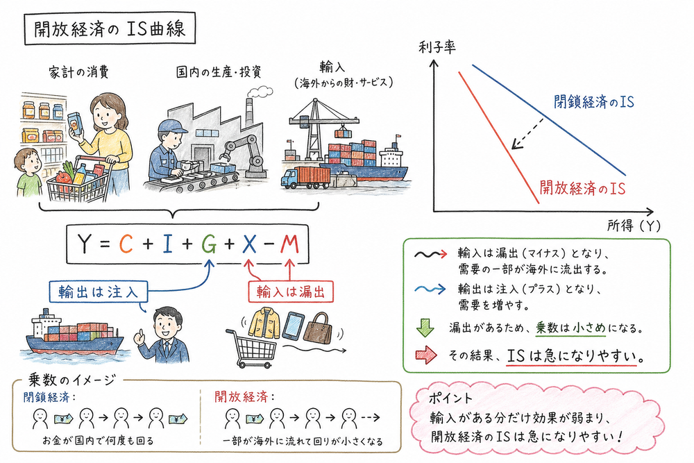 輸入漏出で開放経済の乗数効果が小さくなることを示す図解