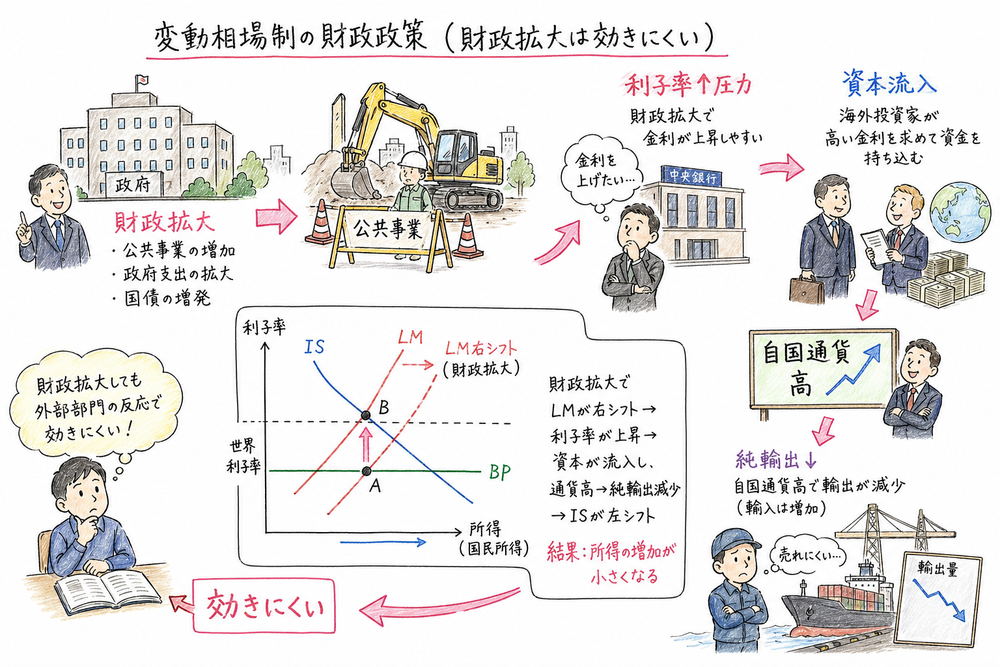 変動相場制の財政拡大が通貨高と純輸出減少で相殺される図解