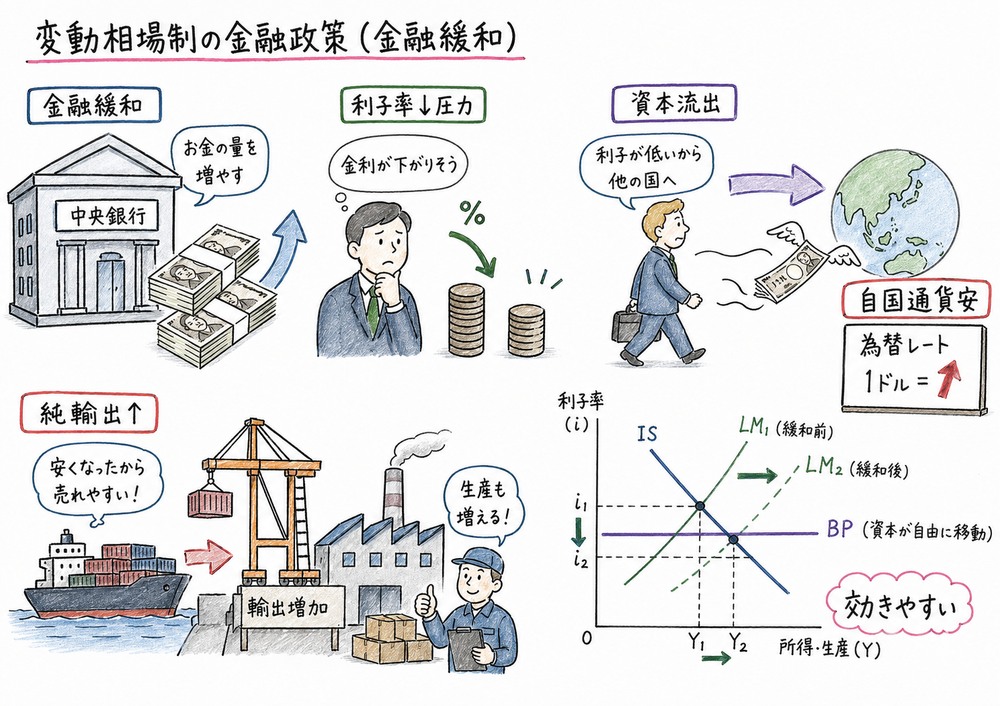 変動相場制の金融緩和が通貨安と純輸出増加でGDPを押し上げる図解