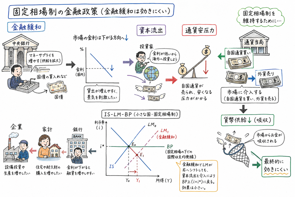 固定相場制の金融緩和が介入で相殺されることを示す図解
