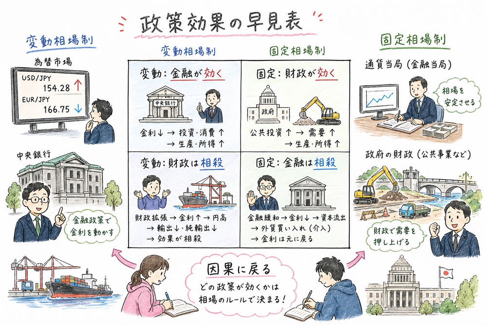 変動相場制と固定相場制で有効な政策が逆になることを示す図解