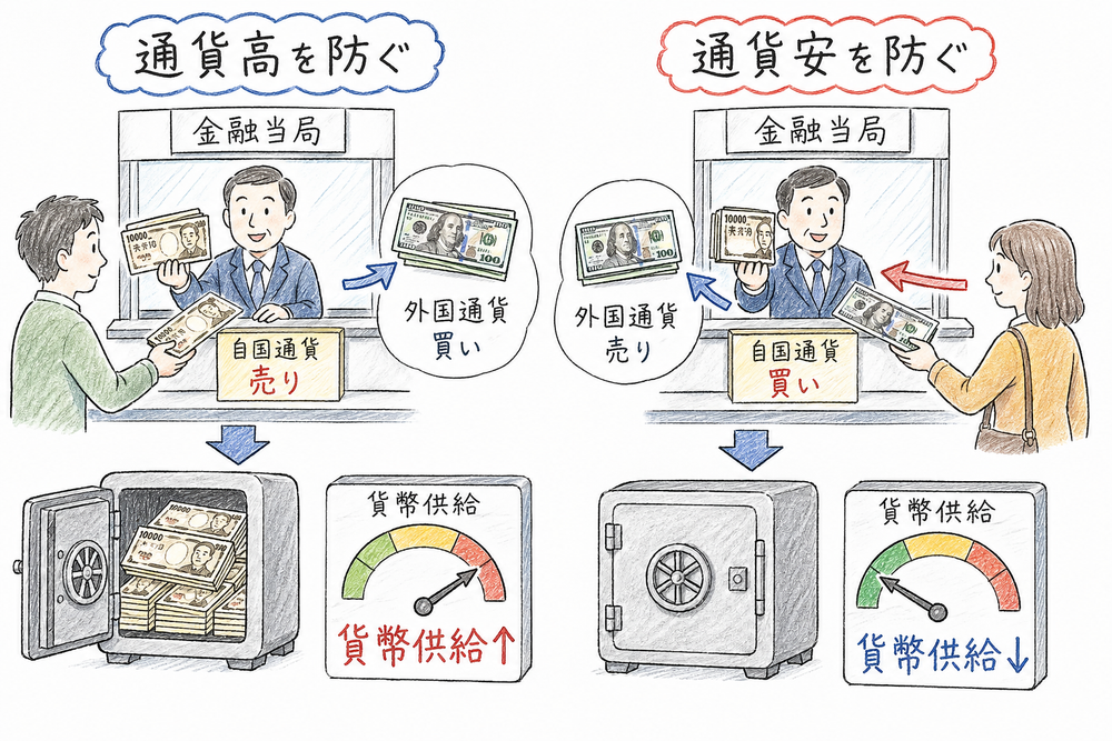 自国通貨売りと自国通貨買いで貨幣供給が逆に動くことを示す図解