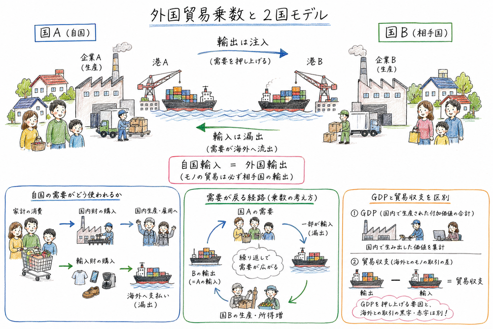 自国の輸入が相手国の輸出になり需要が戻る2国モデルの図解
