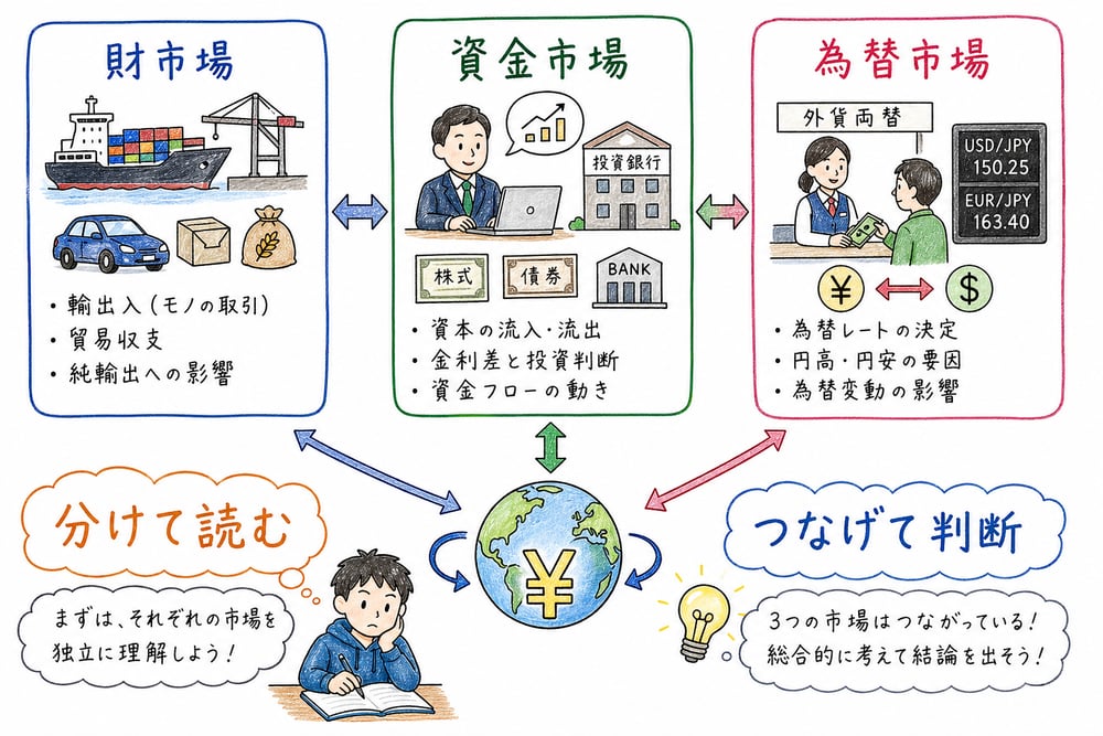 財市場、資金市場、為替市場を分けて読む図解