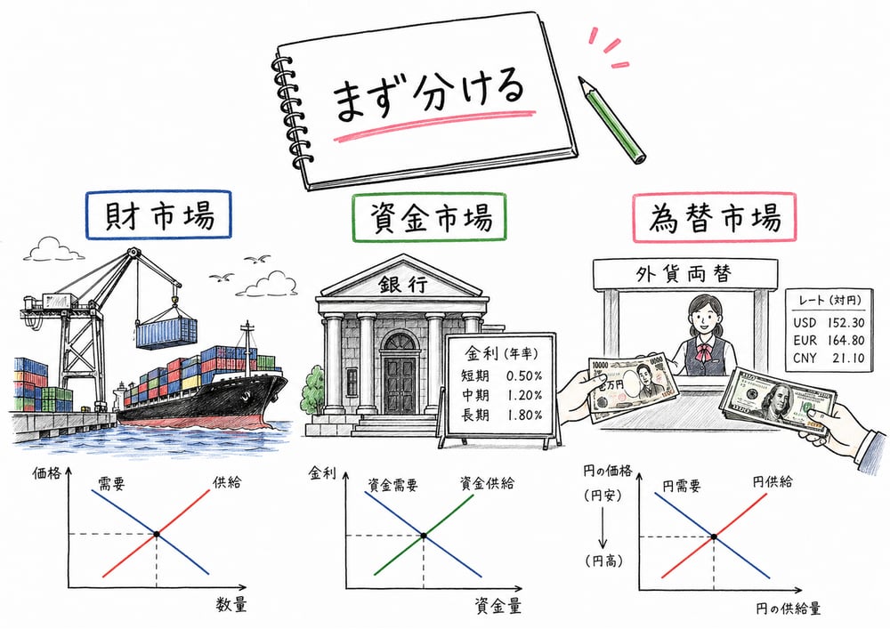 国際経済を財市場、資金市場、為替市場に分けて読む図解