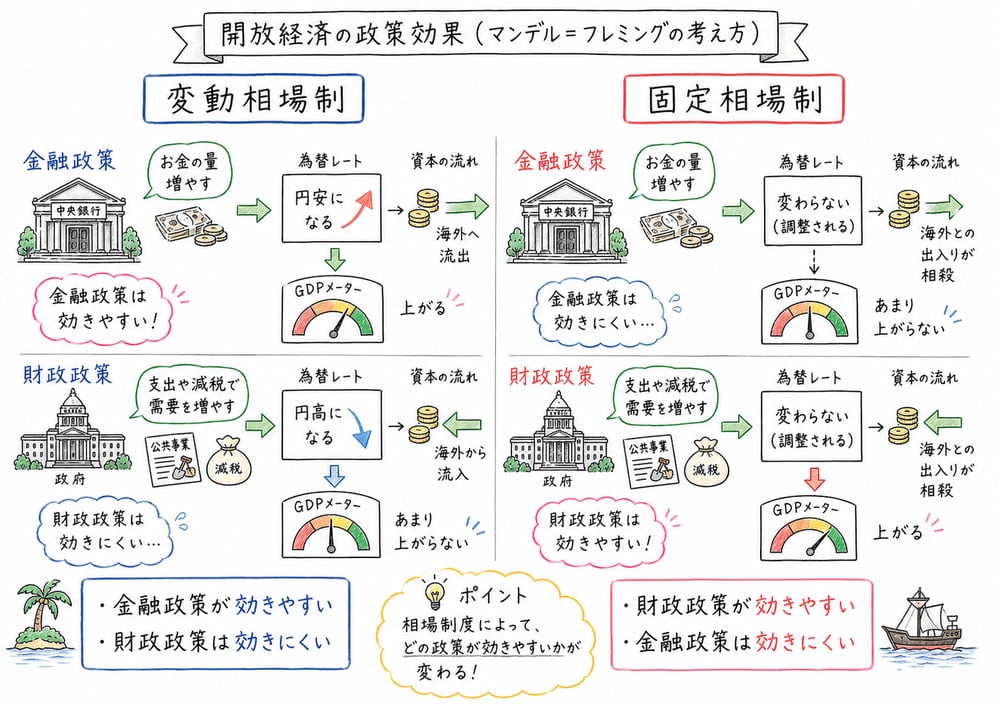 開放経済で為替制度により財政政策と金融政策の効果が変わる図解